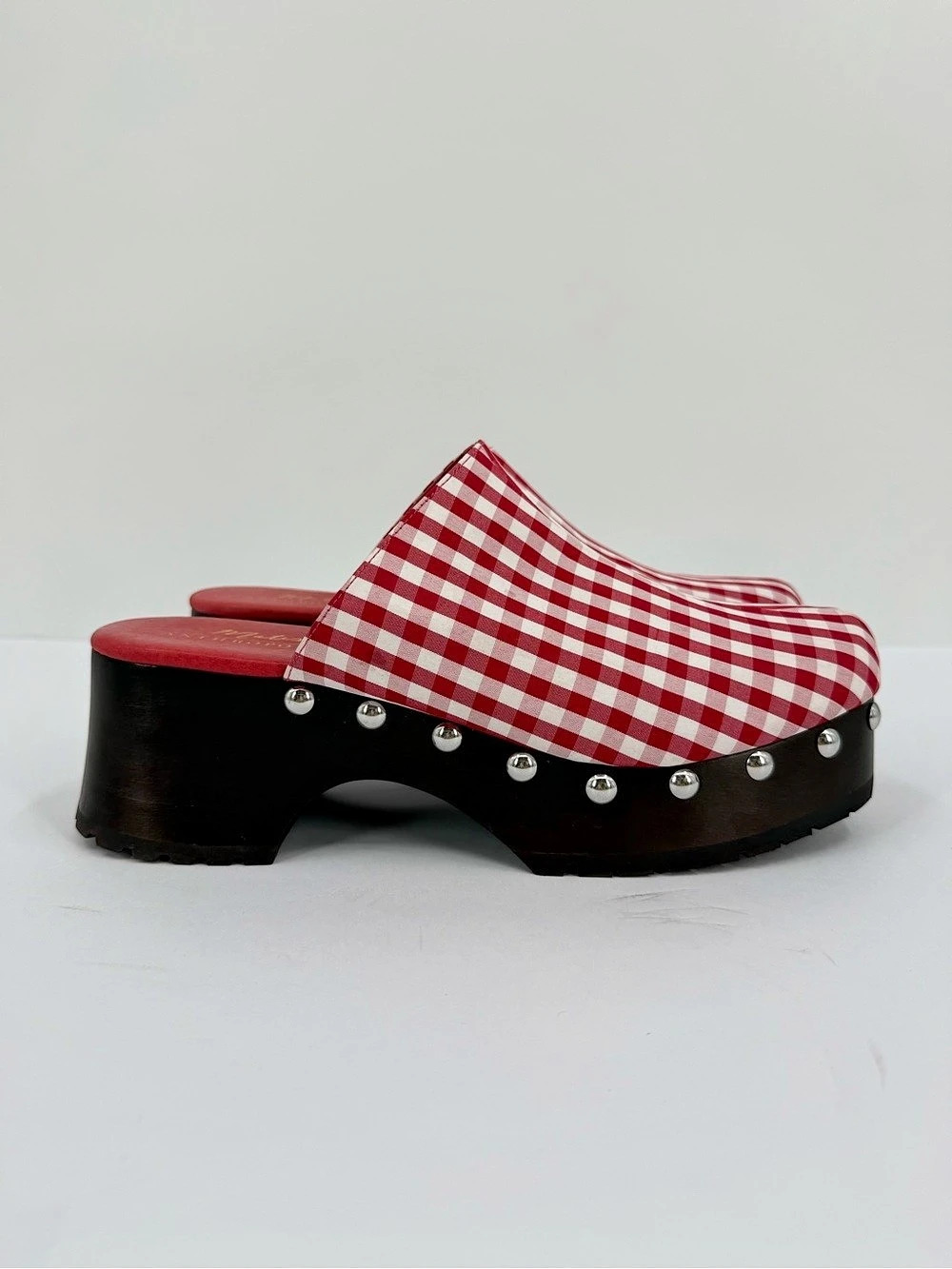 Anthropologie Matisse Miller Gingham Wooden Platform Clogs in Red & White US 11